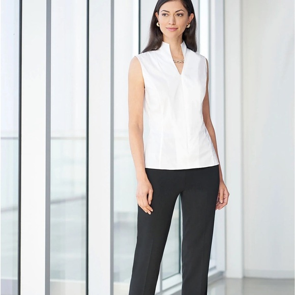 Ming Wang Sleeveless Zip-Up Stretch Cotton Shirt, White - Picture 12 of 12